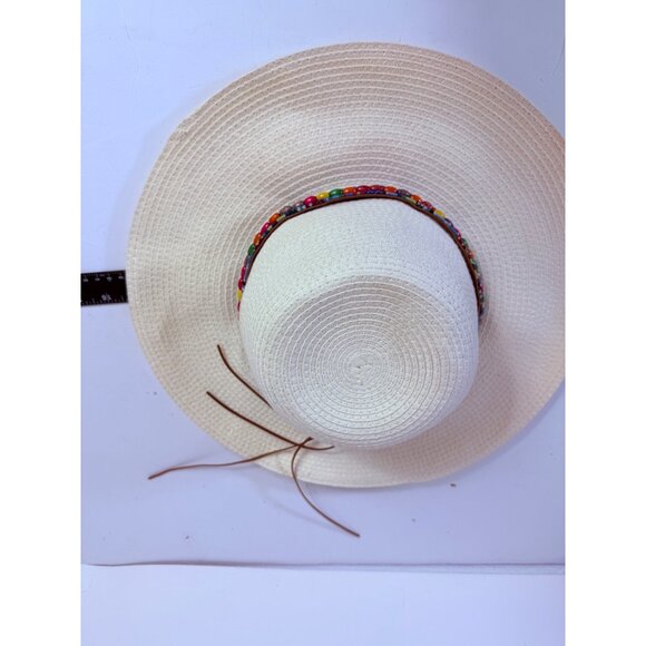 Jacobson Hats Ivory Wide Brim Straw Sun Hat Colorful Beaded Band Cruise Vacation - Picture 10 of 11